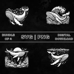 Whale SVG Bundle, Whale Waves Clipart, Hand Drawn Ocean Underwater Theme Vector Illustration, PNG Files For Laser Engraving & Craft