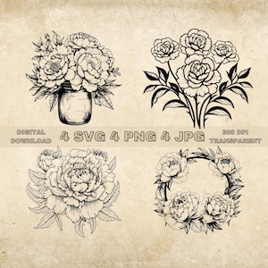 Pfingstrose SVG Bundle, PNG, Blumen Clipart geschnitten Dateien, Blumenkranz und Vase SVG, handgezeichnete Pfingstrosen Vektor Art