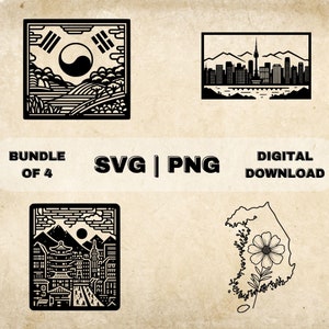 South Korea SVG Bundle, South Korean Flag Clipart, Seoul Map Art Theme Vector Illustration, PNG Files For Laser Engraving & Craft