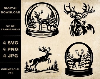 Reindeer SVG Bundle, PNG, Reindeer Christmas Clipart, Hand Drawn Snow Globe Vector Illustration, SVG Files For Laser Engraving
