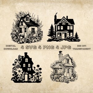 Pacchetto SVG bella casa, PNG, Clipart casa floreale, illustrazione vettoriale fattoria disegnata a mano, file SVG per incisione laser