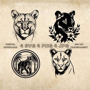Cougar SVG Bundle, PNG, Cougar Clipart, Illustration vectorielle de Cougar dessiné à la main, fichiers SVG pour la gravure au laser