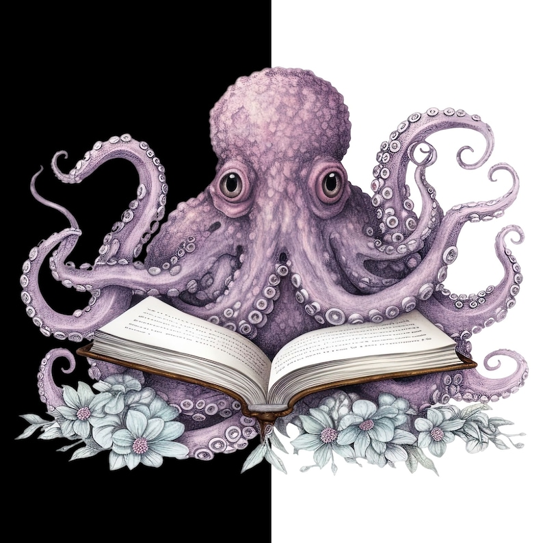 May include: A purple octopus with large eyes is reading a book. The octopus is surrounded by white flowers. The book is open and the pages are visible.