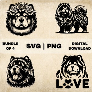 May include: A digital download bundle of four black and white illustrations of Chow Chow dogs. The illustrations include a Chow Chow with a flower crown, a Chow Chow standing, a Chow Chow with its tongue sticking out, and a Chow Chow with the word "LOVE" with a paw print in the "O".