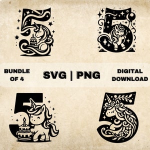 May include: A digital download bundle of four black and white unicorn-themed designs featuring the number 5. Each design includes a unicorn with stars and decorative elements. Text on the image reads "BUNDLE OF 4", "SVG | PNG", and "DIGITAL DOWNLOAD".