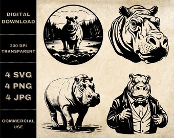 Hippopotamus SVG Bundle, PNG, Hippo Clipart, Hand Drawn Hippopotamus Vector Illustration, SVG Files For Laser Engraving