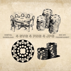 Poker Chip SVG Bundle, PNG, Poker Clipart, Illustration vectorielle sur le thème Poker dessiné à la main, fichiers SVG pour la gravure au laser