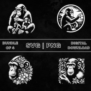 Chimpanzee SVG Bundle, Monkey Clipart, Hand Drawn Monkey Lover Theme Vector Illustration, PNG Files For Laser Engraving & Craft