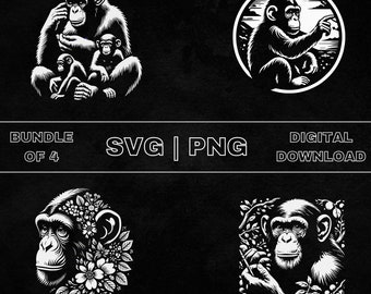 Paquete SVG de chimpancé, imágenes prediseñadas de mono, ilustración vectorial de tema amante de los monos dibujados a mano, archivos PNG para grabado láser y artesanía