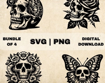 Skull Butterfly SVG Bundle, Skull With Flowers Clipart, Hand Drawn Skull Theme Vector Illustration, SVG Files For Laser Engraving & Craft