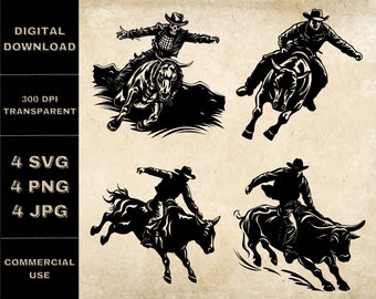 Pacchetto SVG Bull Riding, PNG, Rodeo Clipart, illustrazione vettoriale di Bull Rider disegnato a mano, file SVG per incisione laser