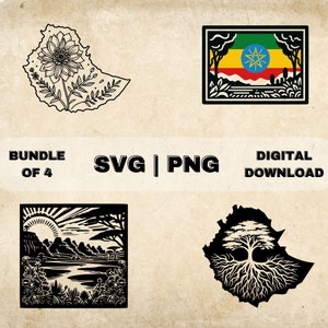 May include: A bundle of four digital downloads featuring black and white illustrations of Ethiopia. The illustrations include a flower, a landscape, a tree, and a flag.