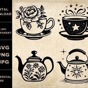 Thee SVG-bundel, PNG, Floral Teapot Clipart, Handgetekende decoratieve theekopje vectorillustratie, SVG-bestanden voor lasergravure
