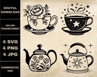 Tea SVG Bundle, PNG, Floral Teapot Clipart, Hand Drawn Decorative Teacup Vector Illustration, SVG Files For Laser Engraving