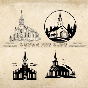 Church SVG Bundle, PNG, Church Clipart, Hand Drawn Church Vector Illustration, SVG Files For Laser Engraving
