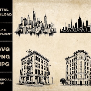 Building SVG Bundle, PNG, City Skyline Clipart, Hand Drawn Buildings Vector Illustration, SVG Files For Laser Engraving