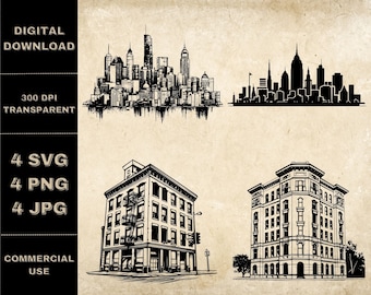 Bâtiment SVG Bundle, PNG, City Skyline Clipart, Illustration vectorielle de bâtiments dessinés à la main, Fichiers SVG pour la gravure au laser