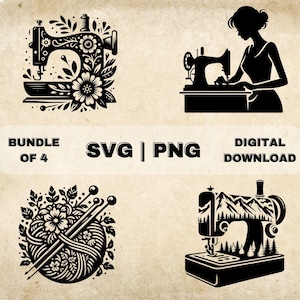 Machine à coudre SVG Bundle, Clipart à tricoter, Illustration vectorielle de thème de couture dessinée à la main, fichiers SVG pour la gravure laser et l’artisanat