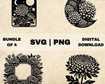 May include: A digital download bundle of four black and white SVG and PNG files featuring a floral design with chrysanthemums. The designs include a floral moon, a floral frame, a single flower, and a floral design with a moon and stars.