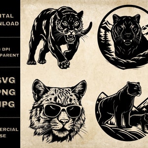 Wild Animal SVG Bundle, PNG, Wildlife Scene Clipart, Hand Drawn Panther Illustration, SVG Files For Laser Engraving