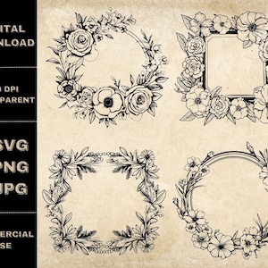 Floral Frame SVG Bundle, PNG, Flower Frame Clipart, Hand Drawn Flowers Wreath Vector Illustration, SVG Files For Laser Engraving