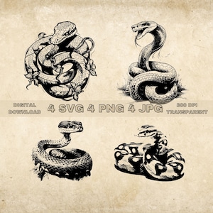 Snake SVG Bundle, PNG, Snake Clipart, Hand Drawn Snakes Vector Illustration, SVG Files For Laser Engraving
