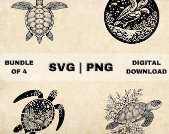 Sea Turtle SVG Bundle, Sea Turtle Clipart, Hand Drawn Sea Animal Lover Theme Vector Illustration, PNG Files For Laser Engraving & Craft