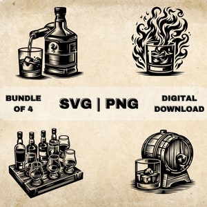 Whiskey SVG Bundle, Whiskey Bottle And Glass Clipart, Hand Drawn Whiskey Theme Vector Illustration, SVG Files For Laser Engraving & Craft