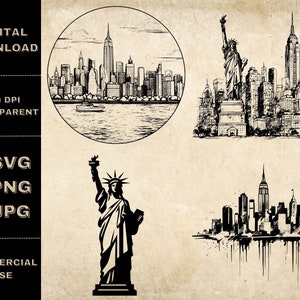 Pacchetto SVG Skyline di New York, PNG, Clipart di New York, Illustrazione vettoriale della Statua della libertà disegnata a mano, File SVG per incisione laser