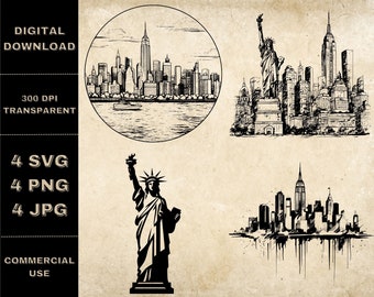 New York Skyline SVG Bundle, PNG, New York Clipart, Hand Drawn Statue Of Liberty Vector Illustration, SVG Files For Laser Engraving