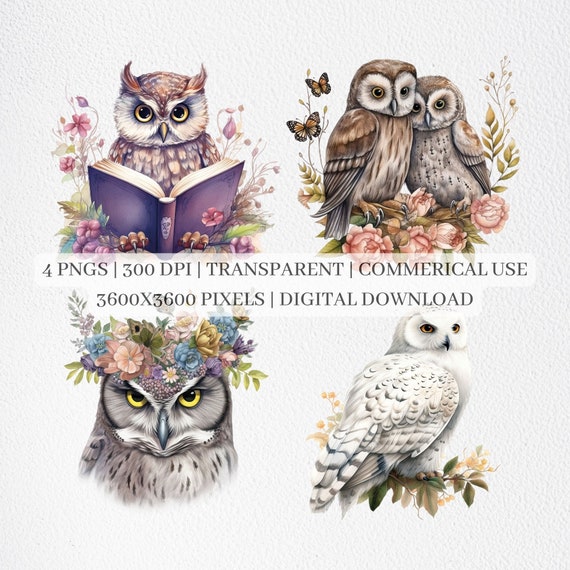 花柄のフクロウのクリップアート、昇華用フクロウ PNG ファイル