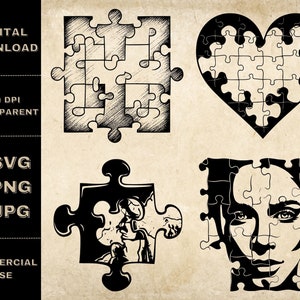 Puzzle SVG Bundle, PNG, Puzzle Clipart, Hand Drawn Puzzle Piece Vector Illustration, SVG Files For Laser Engraving