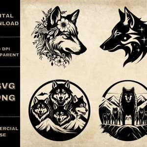 Wolf Pack SVG Bundle, PNG, Wolves Clipart, Hand Drawn Wolf Vector Illustration, SVG Files For Laser Engraving