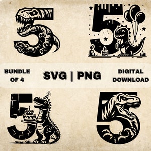 Dinosaure 5e anniversaire SVG Bundle, cinquième anniversaire des cliparts, Illustration vectorielle dessinés à la main sur le thème Dino, fichiers SVG pour gravure laser et travaux manuels