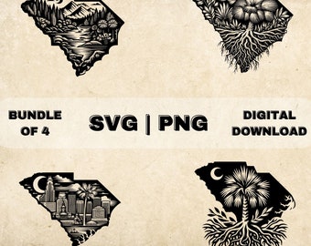 May include: A bundle of four black and white SVG and PNG digital downloads featuring different illustrations of the state of South Carolina. The illustrations include a mountain scene, a cityscape, a palm tree, and a tree with roots.