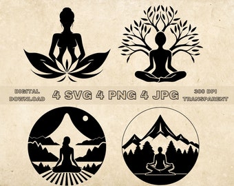 ヨガ SVG バンドル、PNG、瞑想とマインドフルネスのクリップアート、手描きのヨガのベクターイラスト、レーザー彫刻用の SVG ファイル