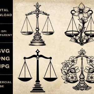 Scale Of Justice SVG Bundle, PNG, Lawyer Clipart, Hand Drawn Weight Scale With Flower Vector Illustration, SVG Files For Laser Engraving