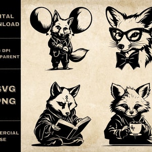 May include: A set of four black and white illustrations of foxes. One fox is holding balloons, another is wearing glasses and a bow tie, another is reading a book, and the last one is holding a cup of coffee.
