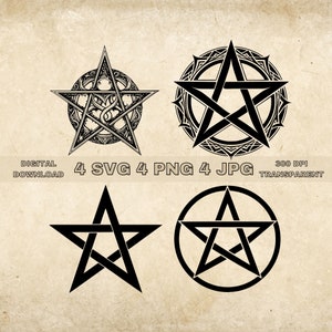 May include: Four digital downloads of pentagram designs. The designs are black and white and feature different styles of pentagrams. The designs are 300 DPI and transparent.