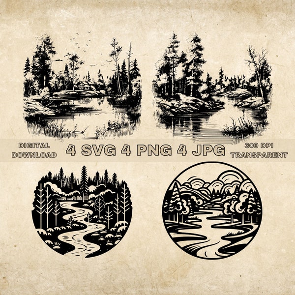 River Scene SVG Bundle, PNG, Lake Forest Clipart, Hand Drawn Vector Graphic Illustration, SVG Files For Laser Engraving