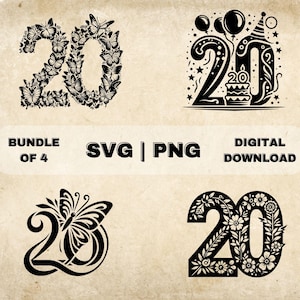 Pacote SVG número 20, clipart de 20º aniversário, vinte ilustrações vetoriais temáticas desenhadas à mão, arquivos SVG para gravação a laser e artesanato