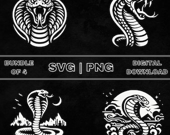May include: A set of four black and white vector illustrations of a cobra snake. The first image shows a cobra with its hood raised, the second shows a cobra with its head turned to the side, the third shows a cobra in a desert landscape, and the fourth shows a cobra in a water landscape.