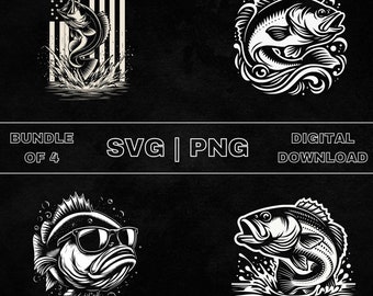 Bass Fish SVG Bundle, Bass Fish Clipart, Hand Drawn Bass Fishing Theme Vector Illustration, PNG Files For Laser Engraving & Craft