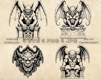 Gargoyle SVG Bundle, PNG, Gothic Clipart, Hand Drawn Gargoyle Vector Illustration, SVG Files For Laser Engraving