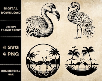 Flamingo SVG Bundle, PNG, Flamingo Clipart, Hand Drawn Flamingos Vector Illustration, SVG Files For Laser Engraving