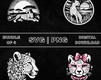 Cheetah SVG Bundle, Leopard Clipart, Hand Drawn Wild Animal Theme Vector Illustration, PNG Files For Laser Engraving & Craft
