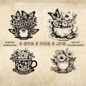 Theekopje SVG Bundel, PNG, Bloemen en Vlinders Clipart Cut Files, Butterfly Floral Tea Svg, Handgetekende Tea Cup Vector Art
