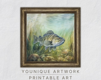 Bass Fish Print, Fish Watercolor Printable Art, Fishing Painting Nursery Decor, Lake House Wall Art, Digital Download