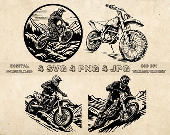 Dirtbike SVG Bundel, PNG, Motocross Clipart, Handgetekende Crossmotor Vector Illustratie, SVG-bestanden voor lasergravure