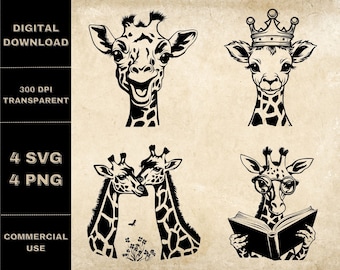 Giraff SVG-paket, PNG, söt giraffclipart, handritad giraffälskare-vektorillustration, SVG-filer för lasergravering